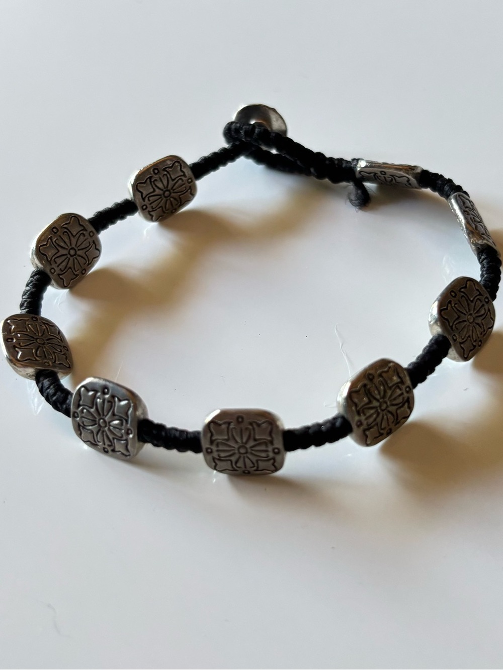 Silver Tone Floral Square Bead Black Cord Bracelet Button Closure - Picture 2 of 5